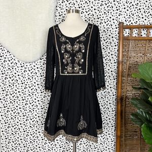 Free People | Embroidered Gold Black Fit Flare A-Line Cocktail Dress 12